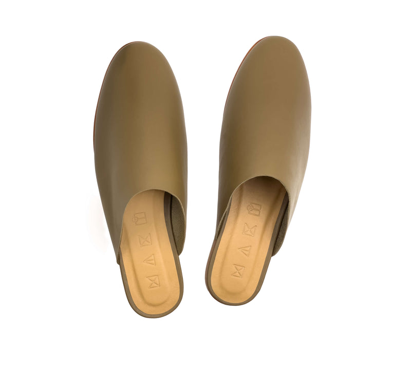 Top view of the handmade Mule women's slip-on leather sandals in olive / OLIVE