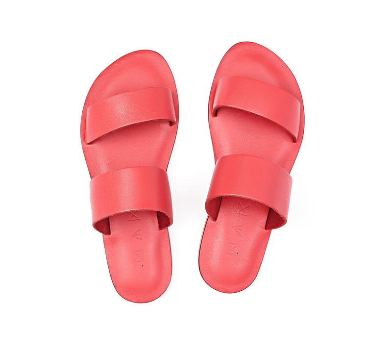Top view of the handmade Sun women's slip-on leather sandals in pomegranate / POMEGRANATE
